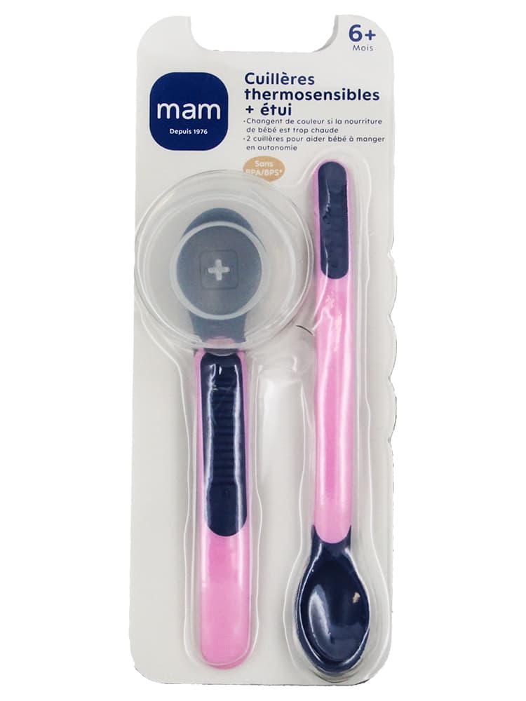 MAM Cuillères Thermosensibles + Étui de Transport 6 Mois et + - Couleur : Rose