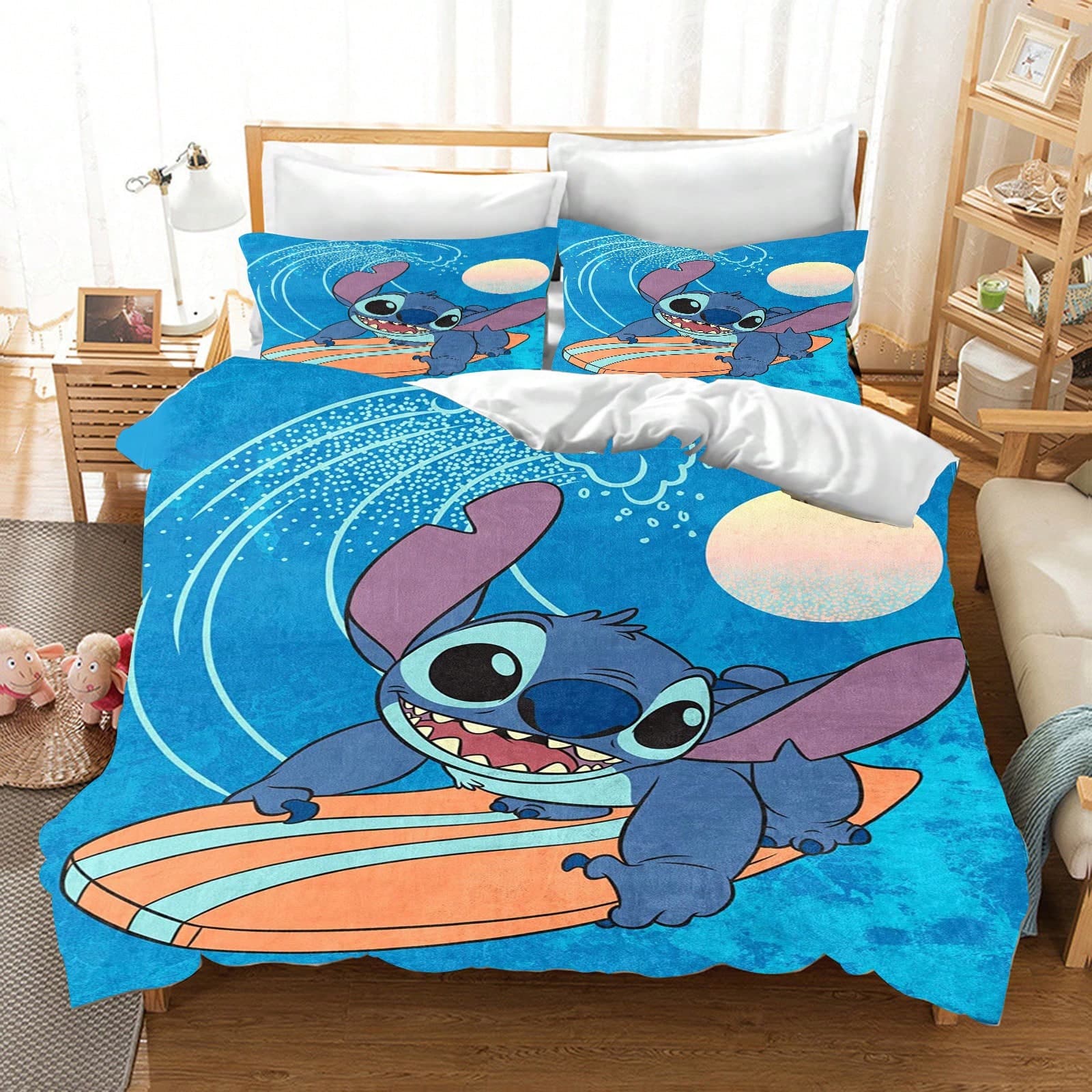 Lot de trois housses de couette représentant Stitch et Lilo, en fibres de polyester douces, respirantes et respectueuses de la peau, avec des taies